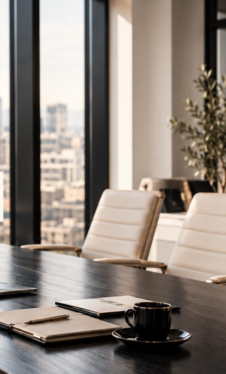 Luxury boardroom overlooking a city skyline at golden hour